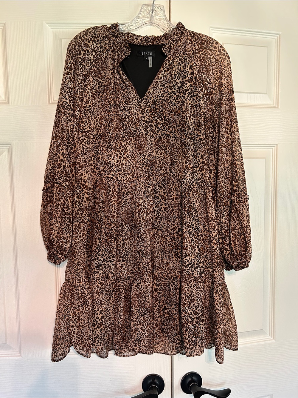 1. State Brown and Black Leopard Tiered Long-Sleeve Dress